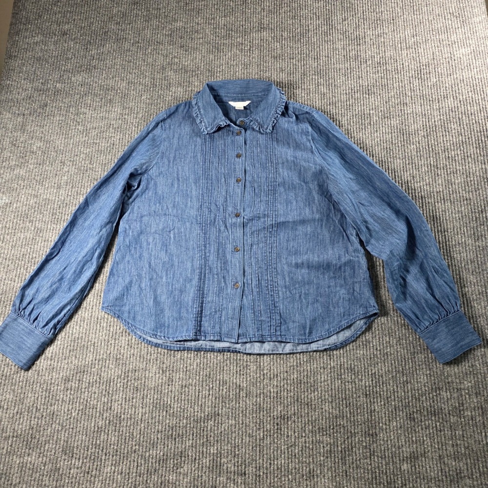 Caslon Blue Chambray Ruffle Collar Pintuck Button Down Shirt Womens Small